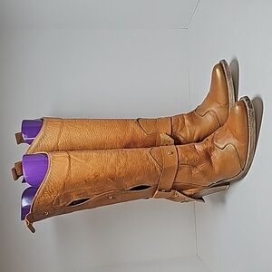 Boots Heeled Tall Knee High Pull-On Western Cowgirl Leather Tan Brown Italy 37 7